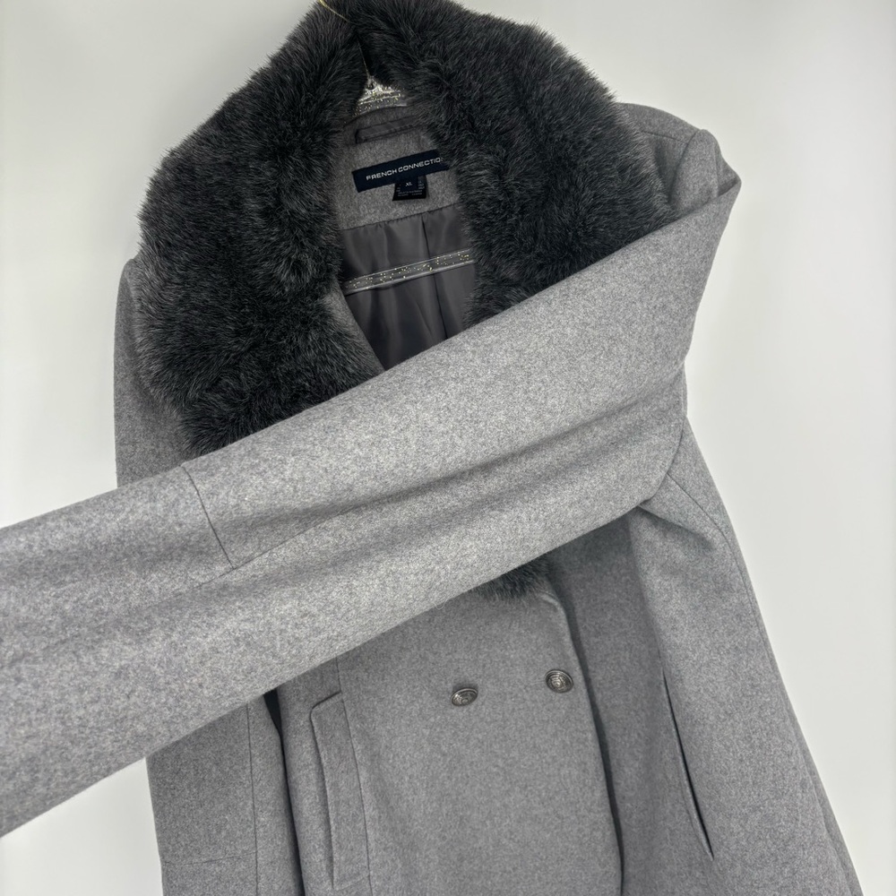 French Connection Faux Fur Collared Double-Breasted‎ Wool Blend Pea Coat Size XL - Picture 7 of 14